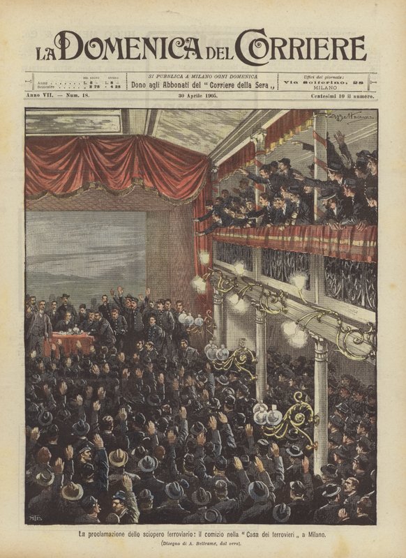 Die Proklamation des Eisenbahnerstreiks, die Versammlung im Haus der Eisenbahner in Mailand von Achille Beltrame