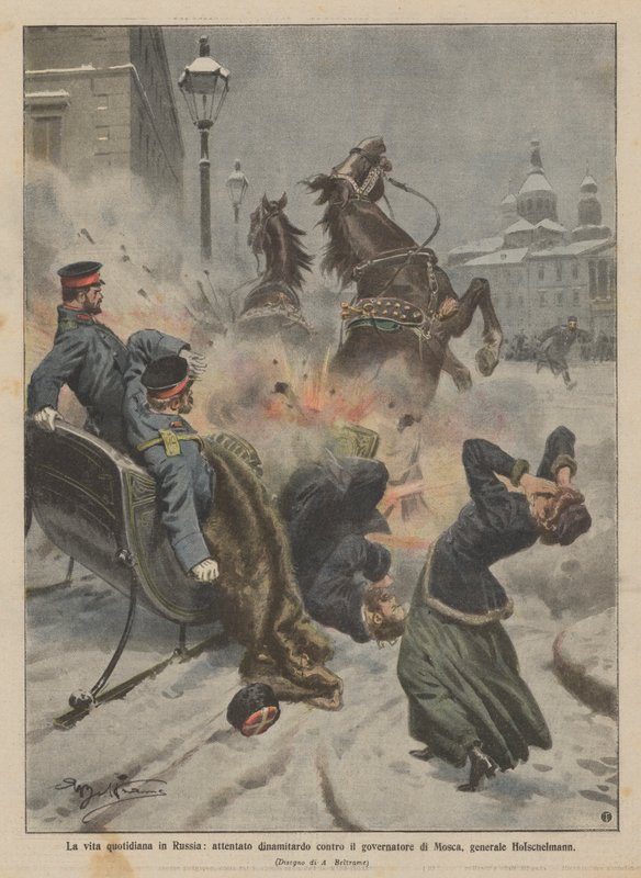 Der Alltag in Russland, ein Bombenanschlag auf den Gouverneur von Moskau, General Holschelmann von Achille Beltrame
