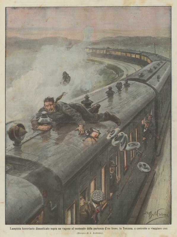 Eisenbahner, der bei der Abfahrt eines Zuges in der Toskana auf einem Waggon vergessen wurde von Achille Beltrame