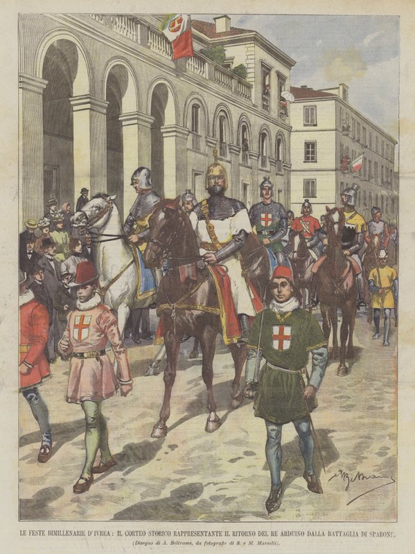 Die zweitausendjährigen Feierlichkeiten von Ivrea, der historische Umzug, der die Rückkehr von König Arduino darstellt von Achille Beltrame