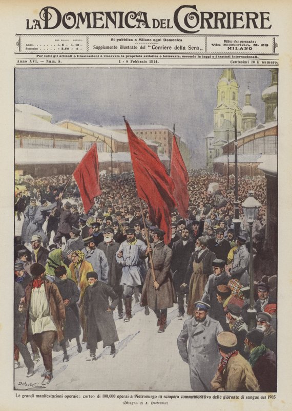 Die großen Arbeiterdemonstrationen, Marsch von 100.000 Arbeitern in St. Petersburg im Gedenkstreik von Achille Beltrame