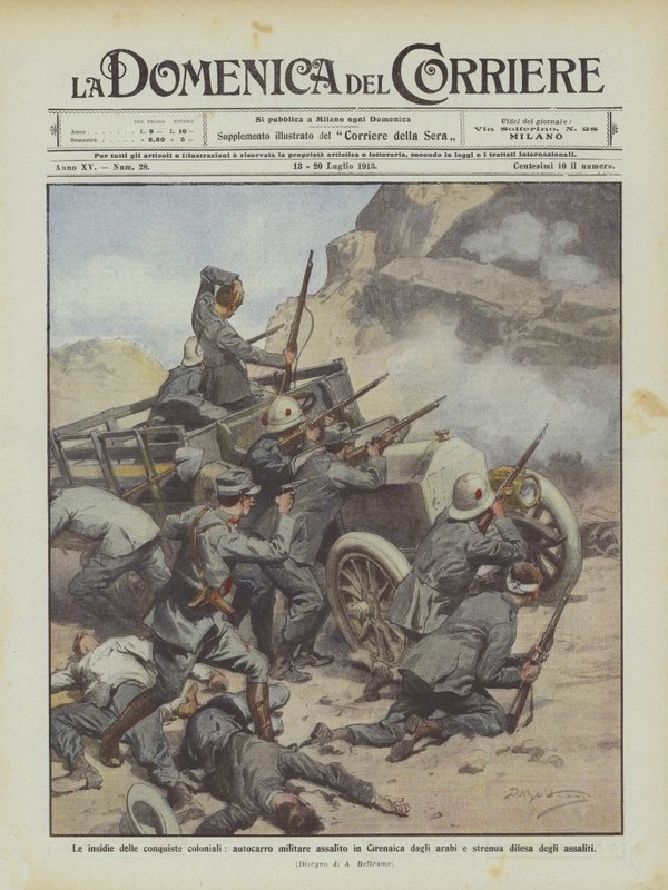 Die Gefahren der kolonialen Eroberungen, ein Militärlastwagen wird in Cyrenaika von Arabern angegriffen von Achille Beltrame