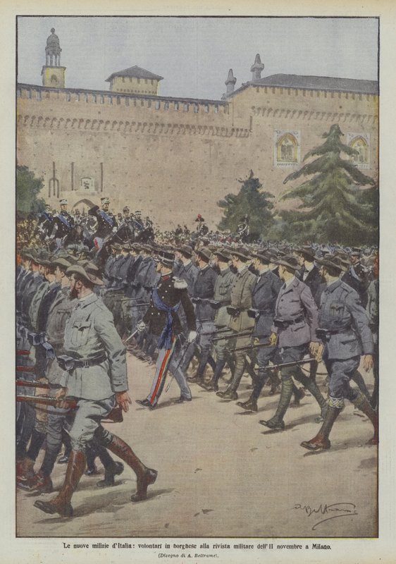 Die neuen Milizen Italiens, Freiwillige in Zivil bei der Militärparade am 2. November in Mailand von Achille Beltrame
