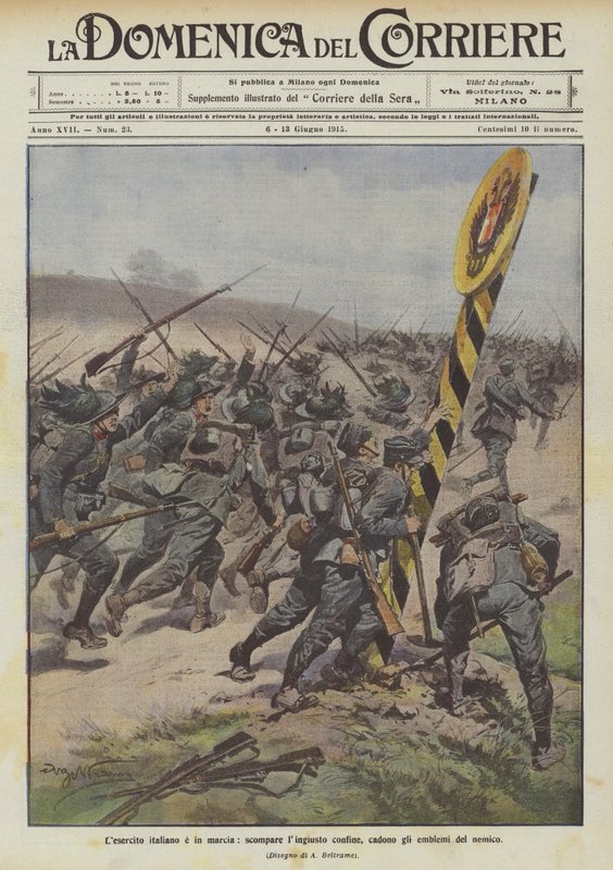Die italienische Armee marschiert, die ungerechte Grenze verschwindet, die Embleme des Feindes fallen von Achille Beltrame
