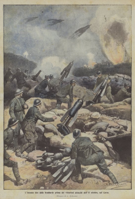 Das intensive Bombardement vor den siegreichen Angriffen am 11. Oktober auf dem Karst von Achille Beltrame