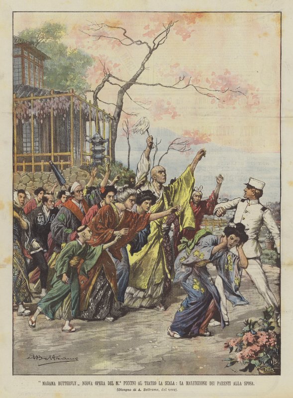 Madama Butterfly, neue Oper von Maestro Puccini im Teatro La Scala, der Fluch der Verwandten auf die Braut von Achille Beltrame