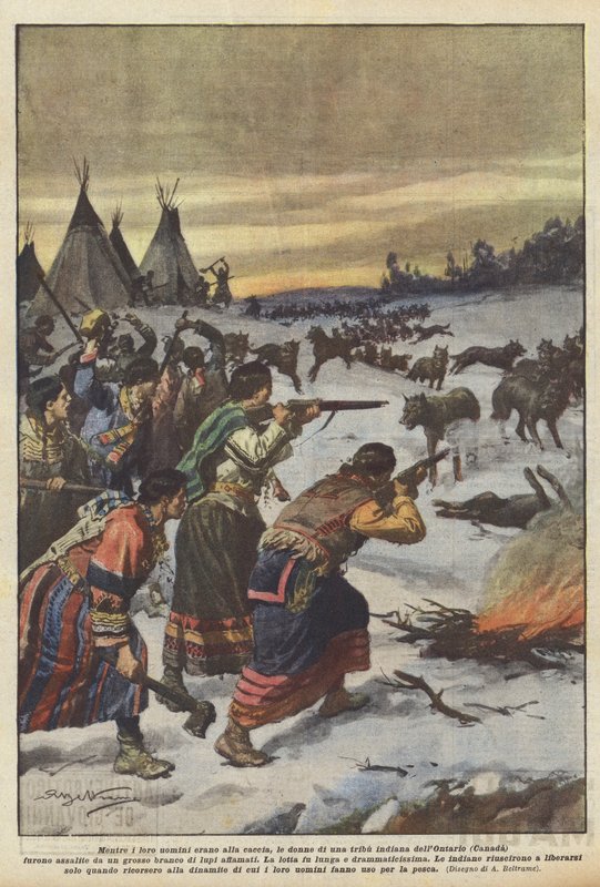 Während ihre Männer auf der Jagd waren, wurden die Frauen eines indianischen Stammes in Ontario (Kanada) von Achille Beltrame