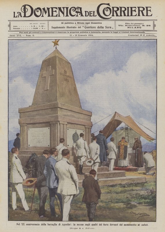 Zum 20. Jahrestag der Schlacht von Agordat, die Messe auf den Wällen des Forts vor dem Denkmal für die Gefallenen von Achille Beltrame