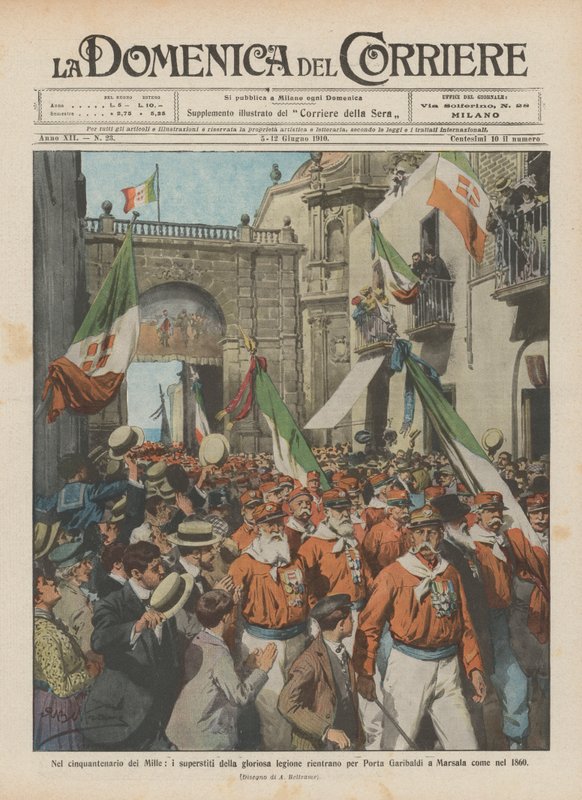 Zum fünfzigsten Jahrestag der Tausend, die Überlebenden der glorreichen Legion kehren durch Porta Garibaldi zurück von Achille Beltrame