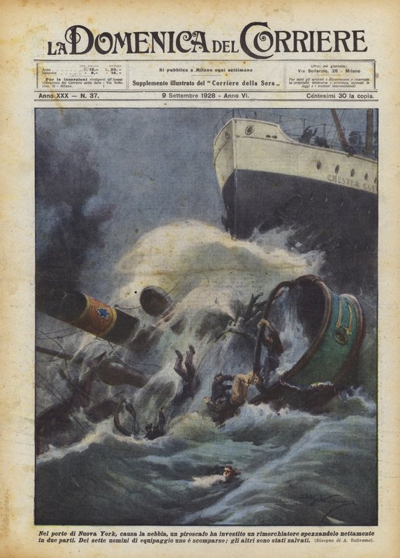 Im Hafen von New York, aufgrund des Nebels, rammte ein Dampfer einen Schlepper und zerbrach ihn... von Achille Beltrame
