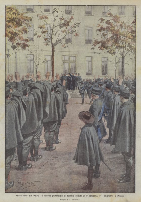 Neue Kräfte für das Vaterland, der feierliche Eid von zweitausend Rekruten der 3. Kategorie, am 11. November in Mailand von Achille Beltrame