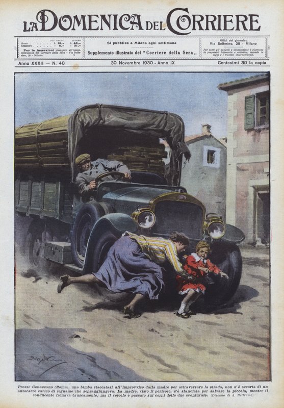 In der Nähe von Genazzano (Rom), ein Mädchen, das sich plötzlich von der Mutter löste, um die Straße zu überqueren von Achille Beltrame