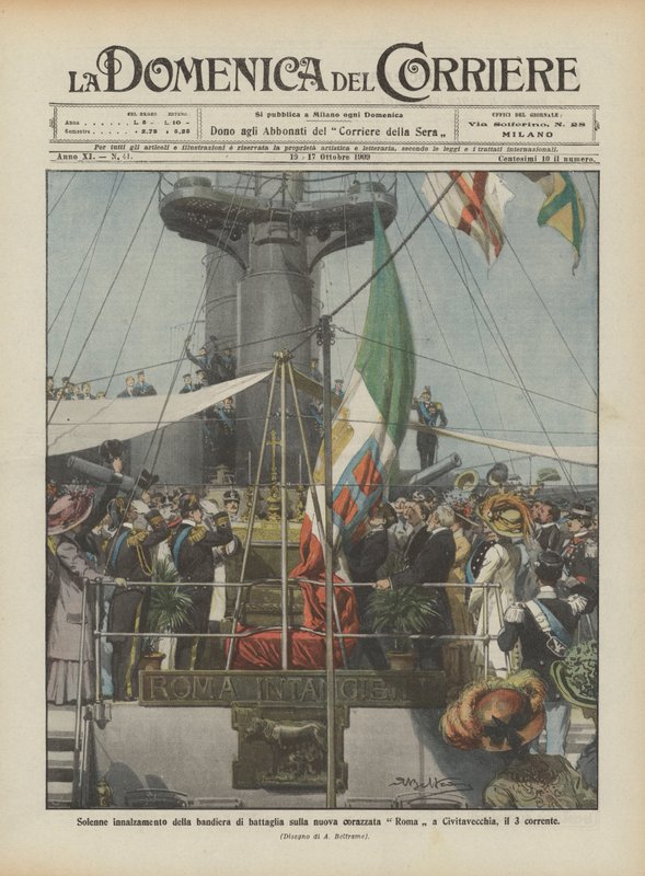Feierliche Hissung der Schlachtflagge auf dem neuen Schlachtschiff Roma in Civitavecchia, am 3. dieses Monats von Achille Beltrame