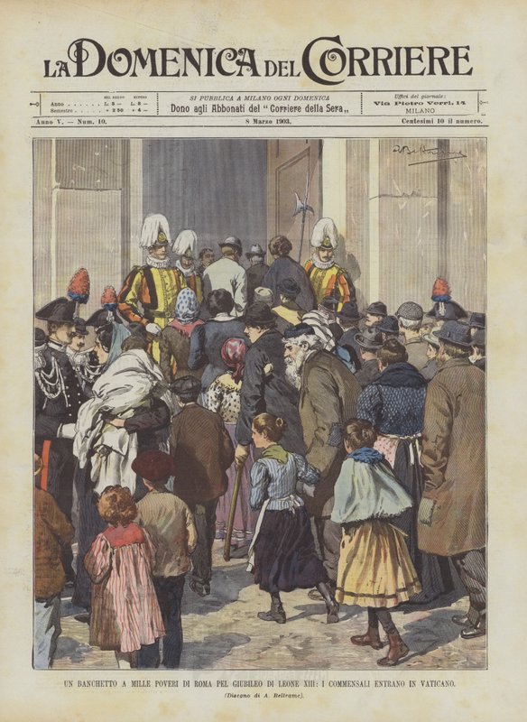 Ein Bankett für tausend Arme in Rom zum Jubiläum von Leo XIII., die Gäste betreten den Vatikan von Achille Beltrame