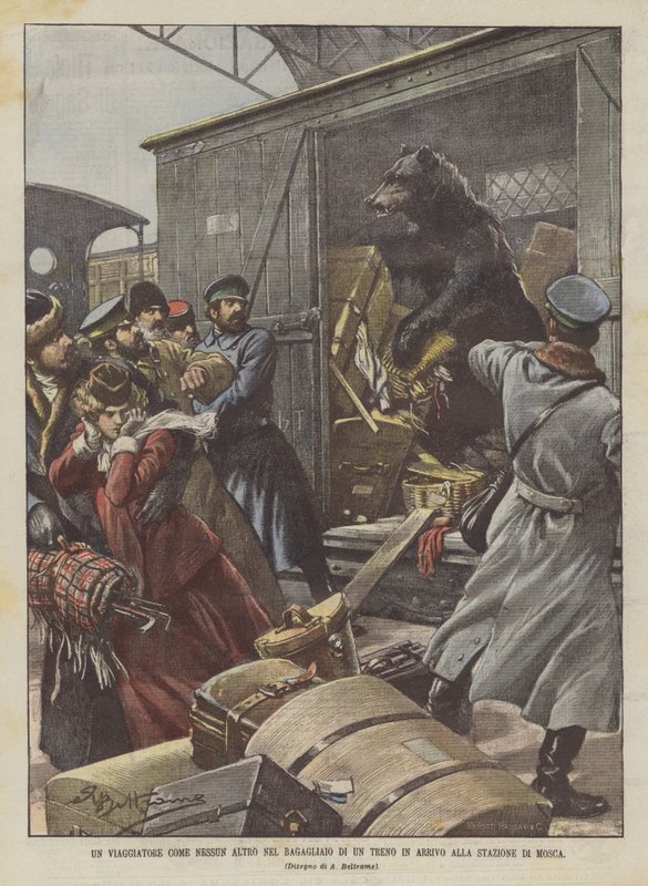 Ein Reisender wie kein anderer im Gepäckwagen eines Zuges, der am Moskauer Bahnhof ankommt von Achille Beltrame