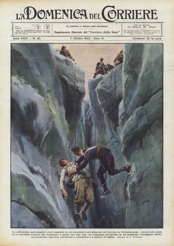 Eine waghalsige Rettung wurde von drei Carabinieri auf den Gletschern des Matterhorns in Valtournanche durchgeführt von Achille Beltrame
