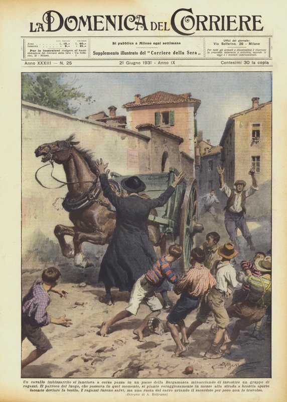 Ein durchgehendes Pferd raste durch ein Dorf in der Bergamasca und bedrohte von Achille Beltrame