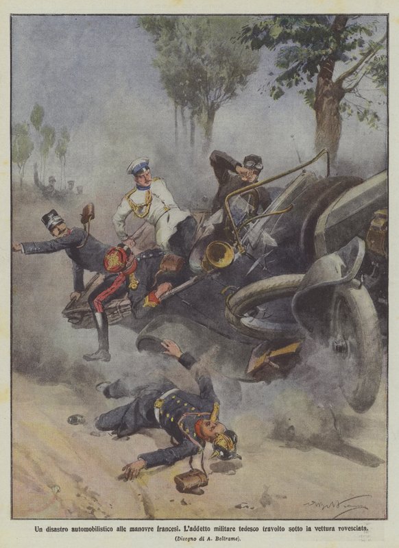 Ein Autounfall bei den französischen Manövern, der deutsche Militärattaché unter dem umgestürzten Fahrzeug von Achille Beltrame
