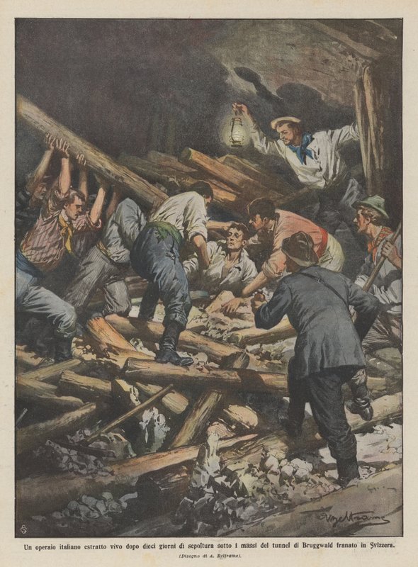 Ein italienischer Arbeiter nach zehn Tagen unter den Felsen des Tunnels lebend geborgen von Achille Beltrame