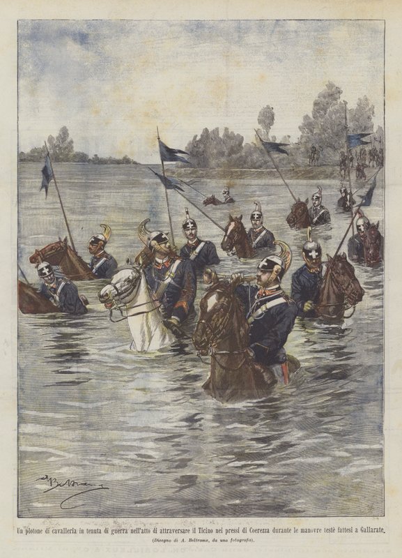 Ein Kavallerieplatoon in Kriegsaufstellung beim Überqueren des Ticino in der Nähe von Achille Beltrame