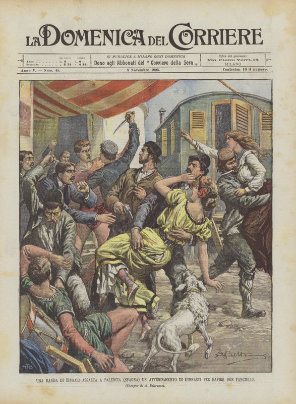 Eine Bande von Zigeunern greift in Palencia (Spanien) ein Lager von Turnern an, um zwei Mädchen zu entführen von Achille Beltrame