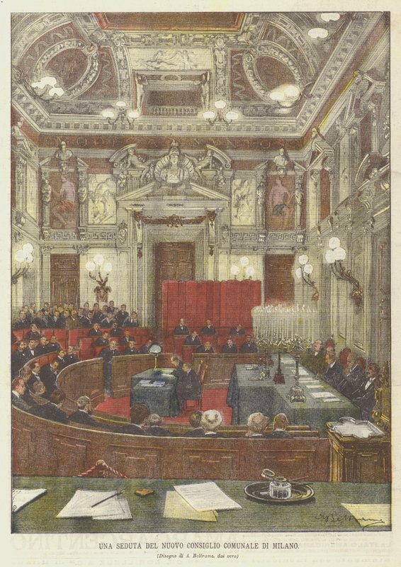 Eine Sitzung des neuen Gemeinderats von Mailand von Achille Beltrame