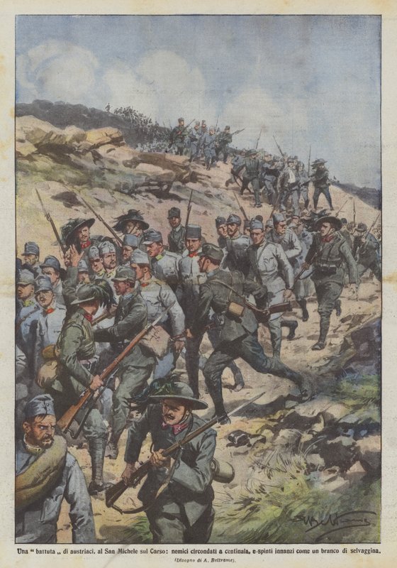 Eine Jagd auf Österreicher, am San Michele auf dem Karst, hunderte Feinde umzingelt von Achille Beltrame