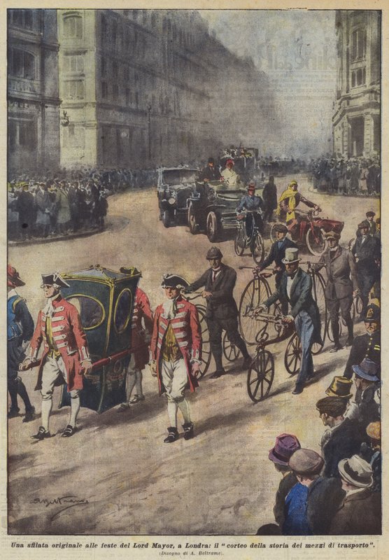 Eine originelle Parade bei den Festen des Lord Mayor in London, der Umzug der Geschichte der Transportmittel von Achille Beltrame