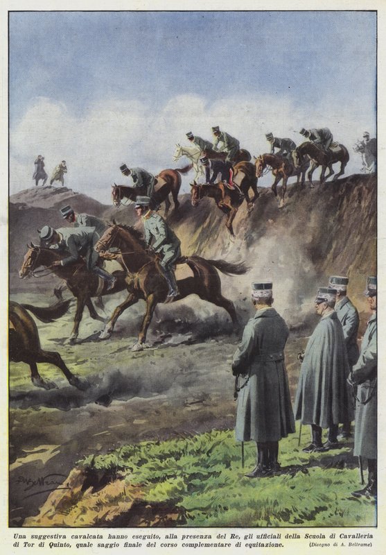 Eine beeindruckende Reitvorführung, durchgeführt in Anwesenheit des Königs, von den Offizieren der Schule von Achille Beltrame