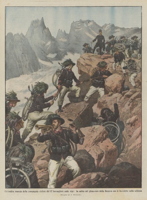 Kühner Marsch der Radfahrkompanie des 12. Bersaglieri über die Alpen, der Aufstieg zum Gletscher von Achille Beltrame