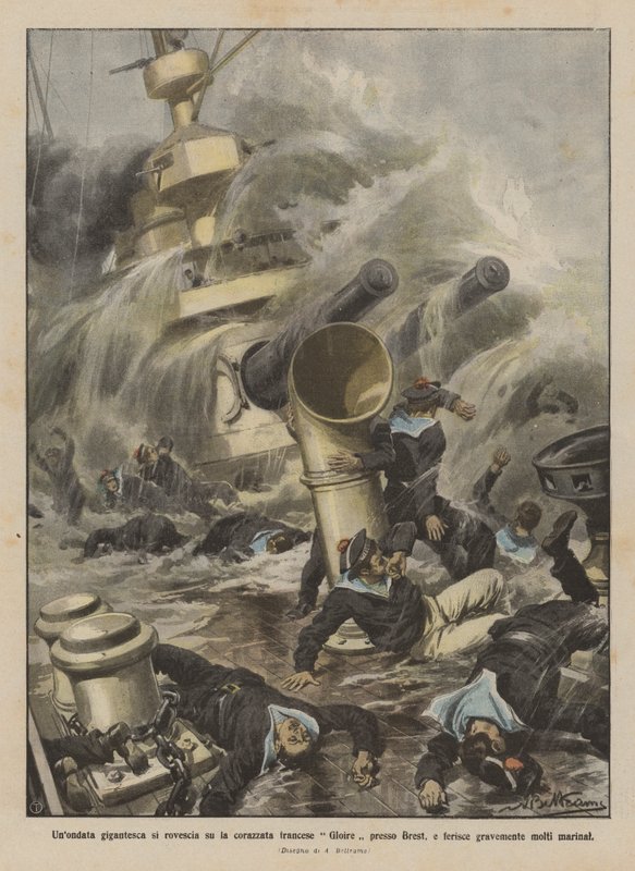 Eine riesige Welle trifft das französische Schlachtschiff Gloire bei Brest und verletzt viele Matrosen schwer von Achille Beltrame