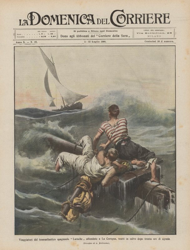Reisende des gesunkenen spanischen Transatlantikschiffs Larache in La Coruña, nach dreißig Stunden Agonie gerettet von Achille Beltrame