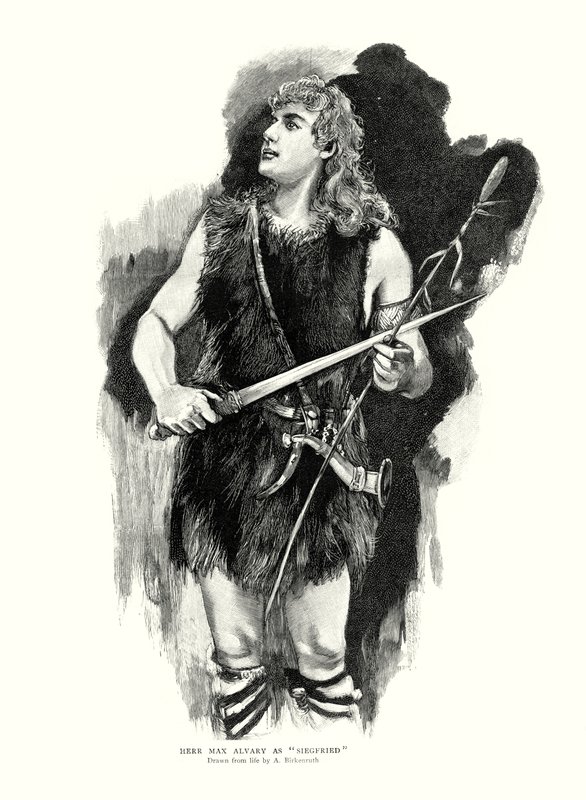 Deutscher Tenor Max Alvary als Siegfried in Richard Wagners Oper Die Walküre im Royal Opera House, Covent Garden, London (Lithografie) von Adolphe Birkenruth