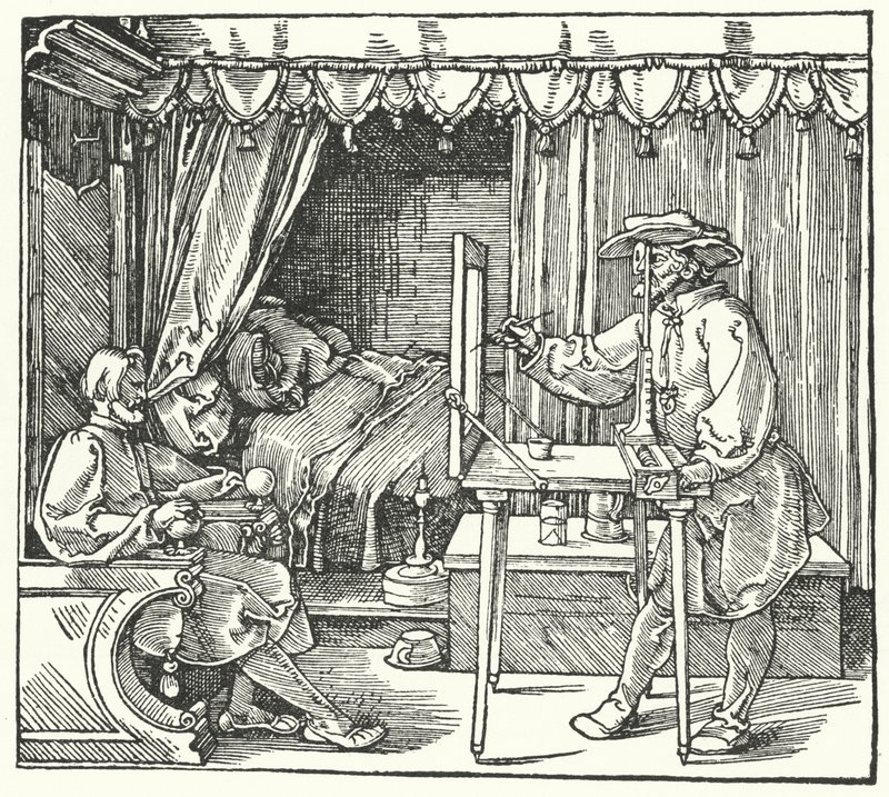 Methode zur Herstellung eines Maßstabsbildes durch Markieren der Umrisse des Objekts auf einer Glasscheibe von Albrecht (after) Durer or Duerer