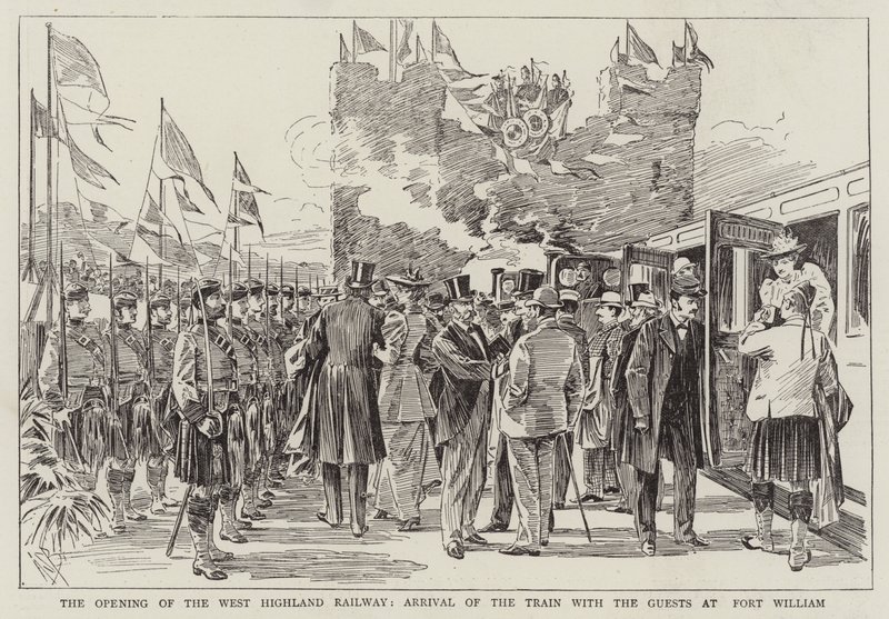 Die Eröffnung der West Highland Railway, Ankunft des Zuges mit den Gästen in Fort William von Alexander Stuart Boyd