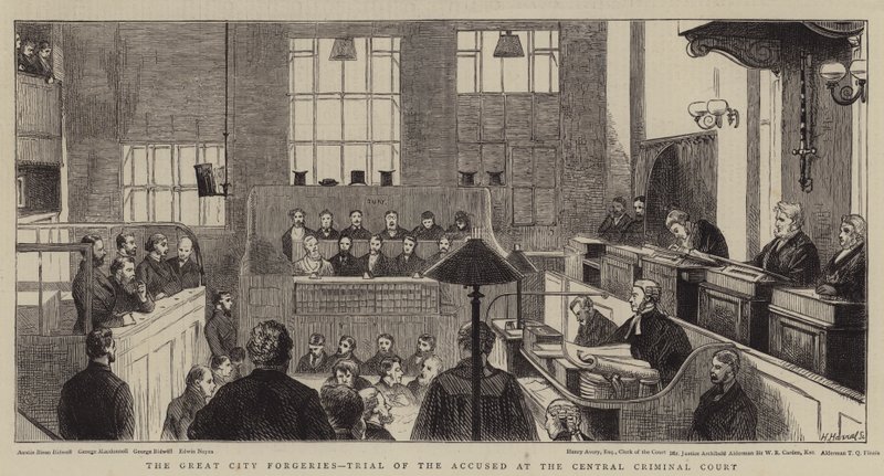 Die großen Stadtfälschungen, Prozess der Angeklagten am Central Criminal Court von Alfred Chantrey Corbould