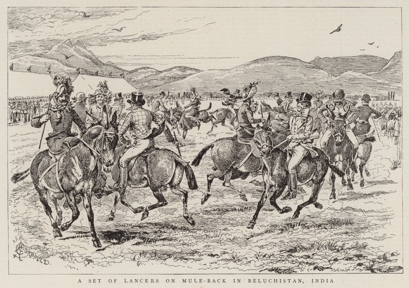 Eine Gruppe von Lanzenreitern auf Maultieren in Belutschistan, Indien von Alfred Chantrey Corbould
