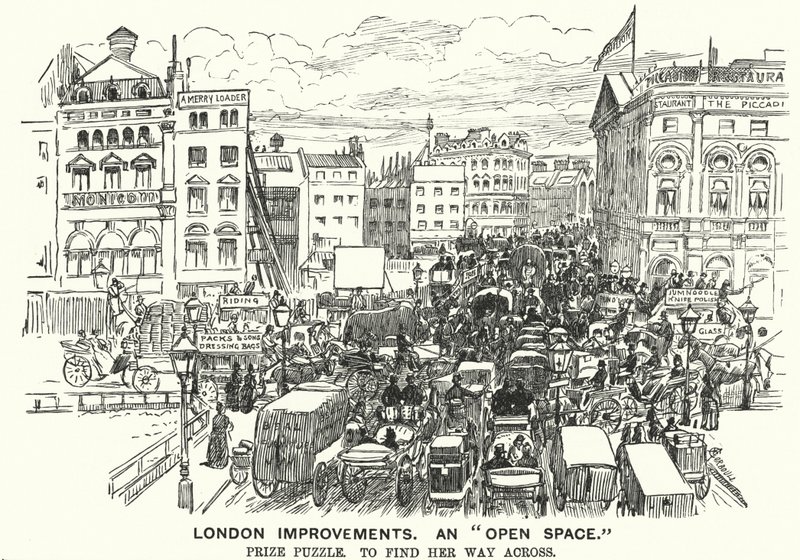 Punch-Karikatur: Londoner Verbesserungen. Ein "Offener Raum" - Verkehrsstau im viktorianischen London von Alfred Chantrey Corbould