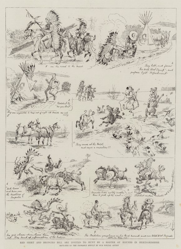 Red Shirt und Broncho Bill werden von einem Jagdherrn in Hertfordshire zur Jagd eingeladen von Alfred Chantrey Corbould