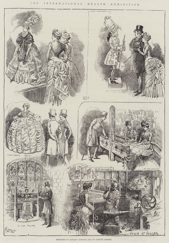 Die Internationale Gesundheitsausstellung, Skizzen von antiken Kostümen und von Alt-London von Alfred Courbould