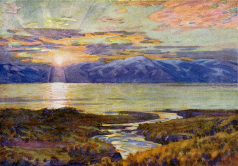 Mitternachtssonne über dem See Torne Träsk, von Abisko von Alfred Heaton Cooper