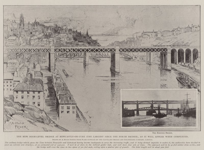 Die neue Hochbrücke in Newcastle-on-Tyne (die größte seit der Forth-Brücke), wie sie nach Fertigstellung aussehen wird von Alfred Hugh Fisher