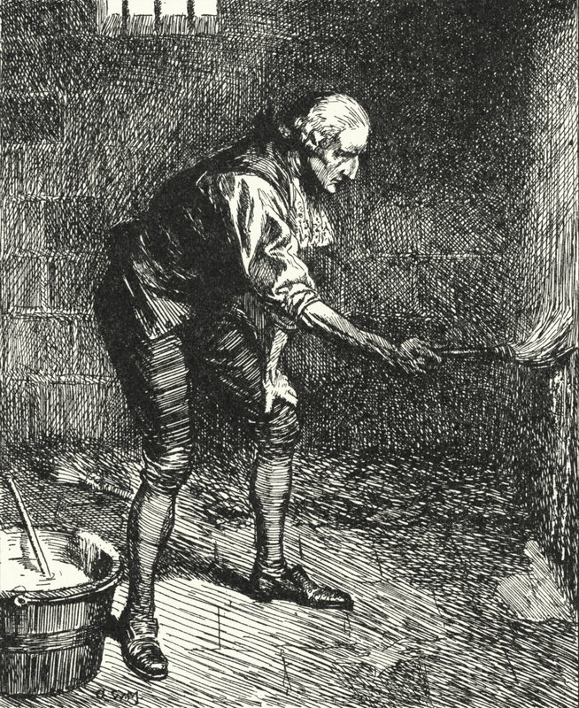 Der englische Gefängnisreformer John Howard reinigt die Wände seiner Gefängniszelle, während er in Venedig unter Quarantäne steht von Alfred Wallis Mills