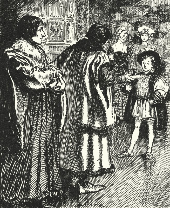 Erasmus beobachtet, wie Sir Thomas More ein Gedicht, das er geschrieben hat, dem jungen Prinzen Heinrich, dem zukünftigen König Heinrich VIII., überreicht von Alfred Wallis Mills