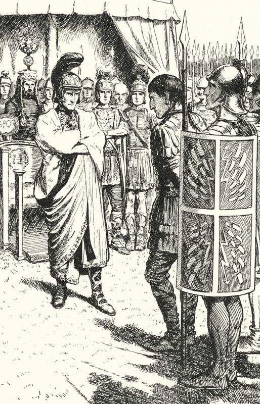 Der römische Kaiser Theodosius der Große verurteilt Magnus Maximus zum Tode wegen seiner Beteiligung am Mord an Gratian, 388 von Alfred Wallis Mills