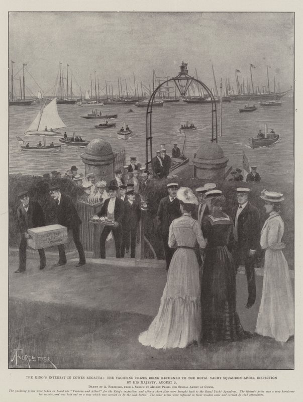 Das Interesse des Königs an der Cowes-Regatta, die Yachting-Preise werden nach der Inspektion durch Seine Majestät an das Royal Yacht Squadron zurückgegeben, 2. August von Amedee Forestier