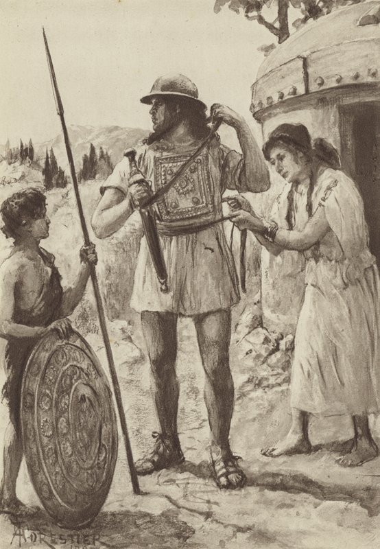 Ein italischer Bauer der Bronzezeit rüstet sich für den Kampf (Lithografie) von Amedee (after) Forestier
