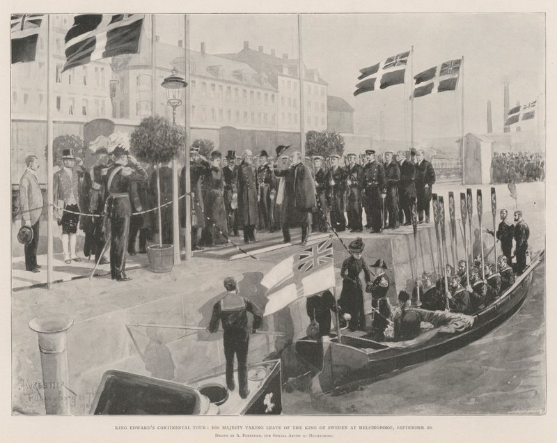 König Edwards Kontinentaltour, Seine Majestät verabschiedet sich vom König von Schweden in Helsingborg, 20. September von Amedee Forestier