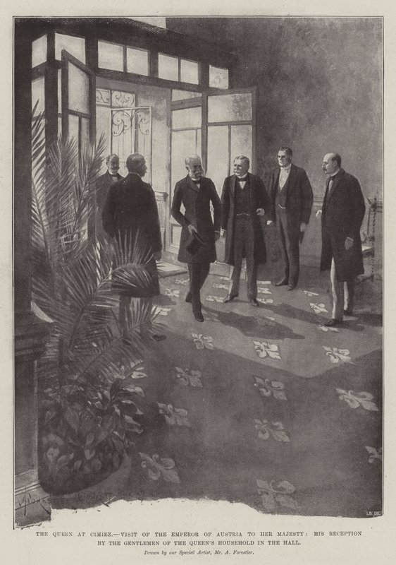 Die Königin in Cimiez, Besuch des Kaisers von Österreich bei Ihrer Majestät, Empfang durch die Herren des königlichen Haushalts in der Halle von Amedee Forestier