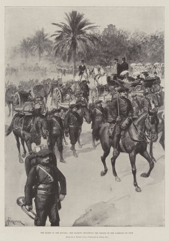 Die Königin an der Riviera, Ihre Majestät inspiziert die Truppen der Garnison von Nizza von Amedee Forestier